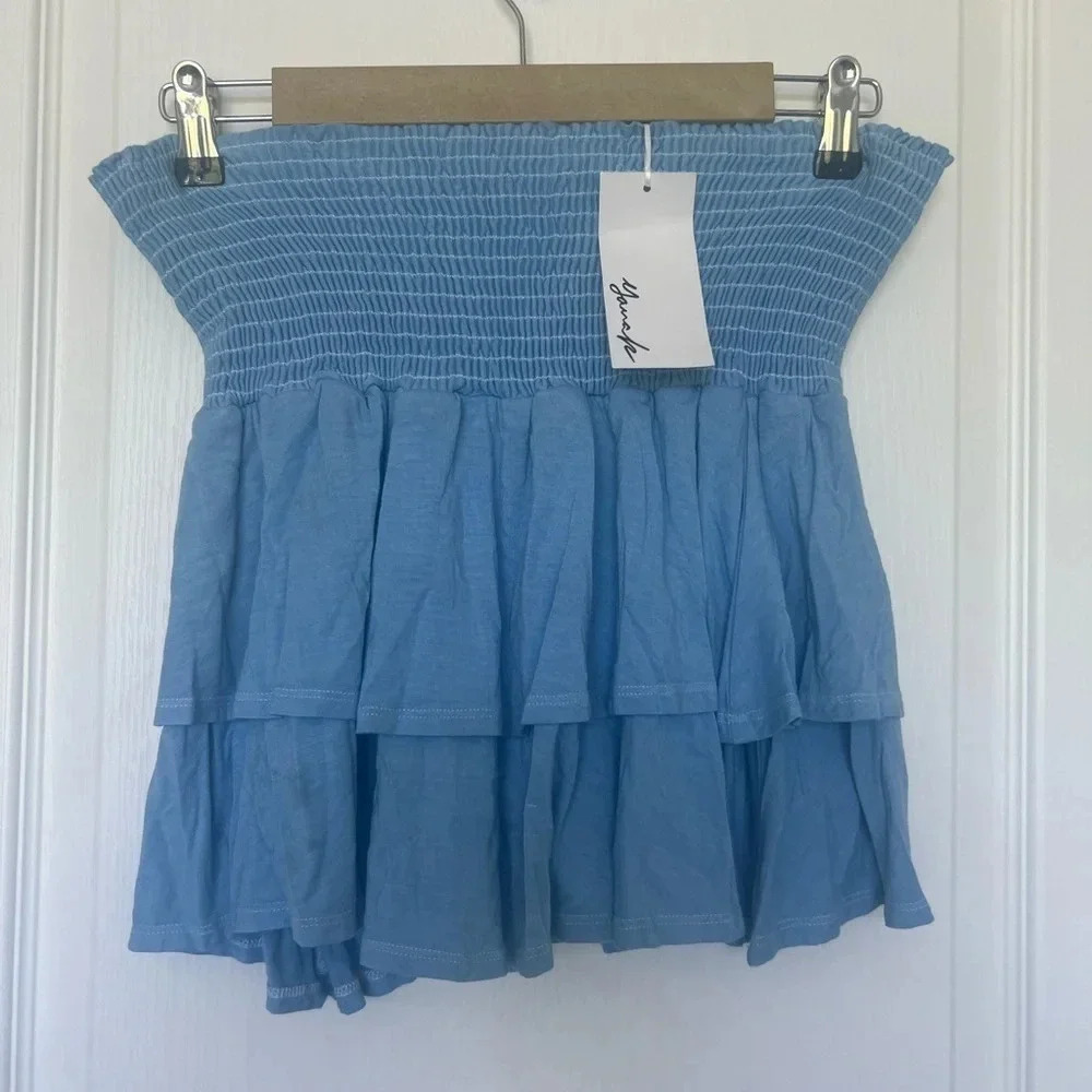 NWT Yana K Portofino Skirt Skort Light Blue Rayon Dye Size Large Smocked